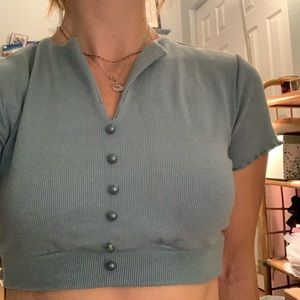 Ribbed Mock Button Crop Top - sea green